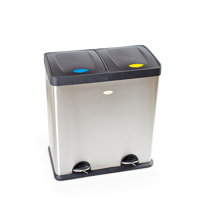 Poubelle en inox à deux compartiments avec pédales pour le tri des déchets, couvercle à code couleur pour le recyclage