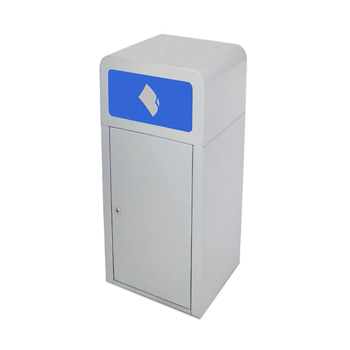 Une poubelle grise avec un symbole bleu de recyclage du papier sur la face avant