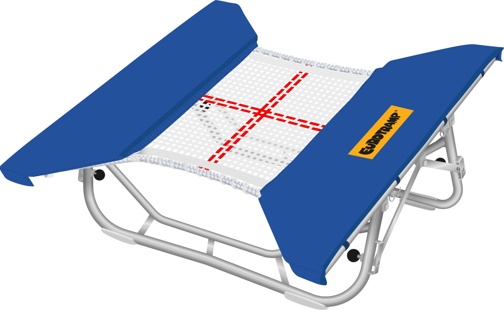 Illustration eines Gymnastik-Sprungbretts mit blauen Schutzpolstern und Eurotramp-Logo
