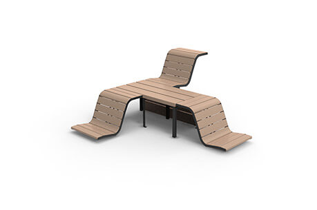 Holzbank mit innovativem, wellenförmigem Design für den Garten