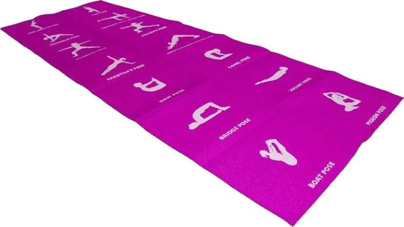 Lila Yoga-Matte mit weißem Aufdruck von verschiedenen Yoga-Posen zur Unterstützung beim Training