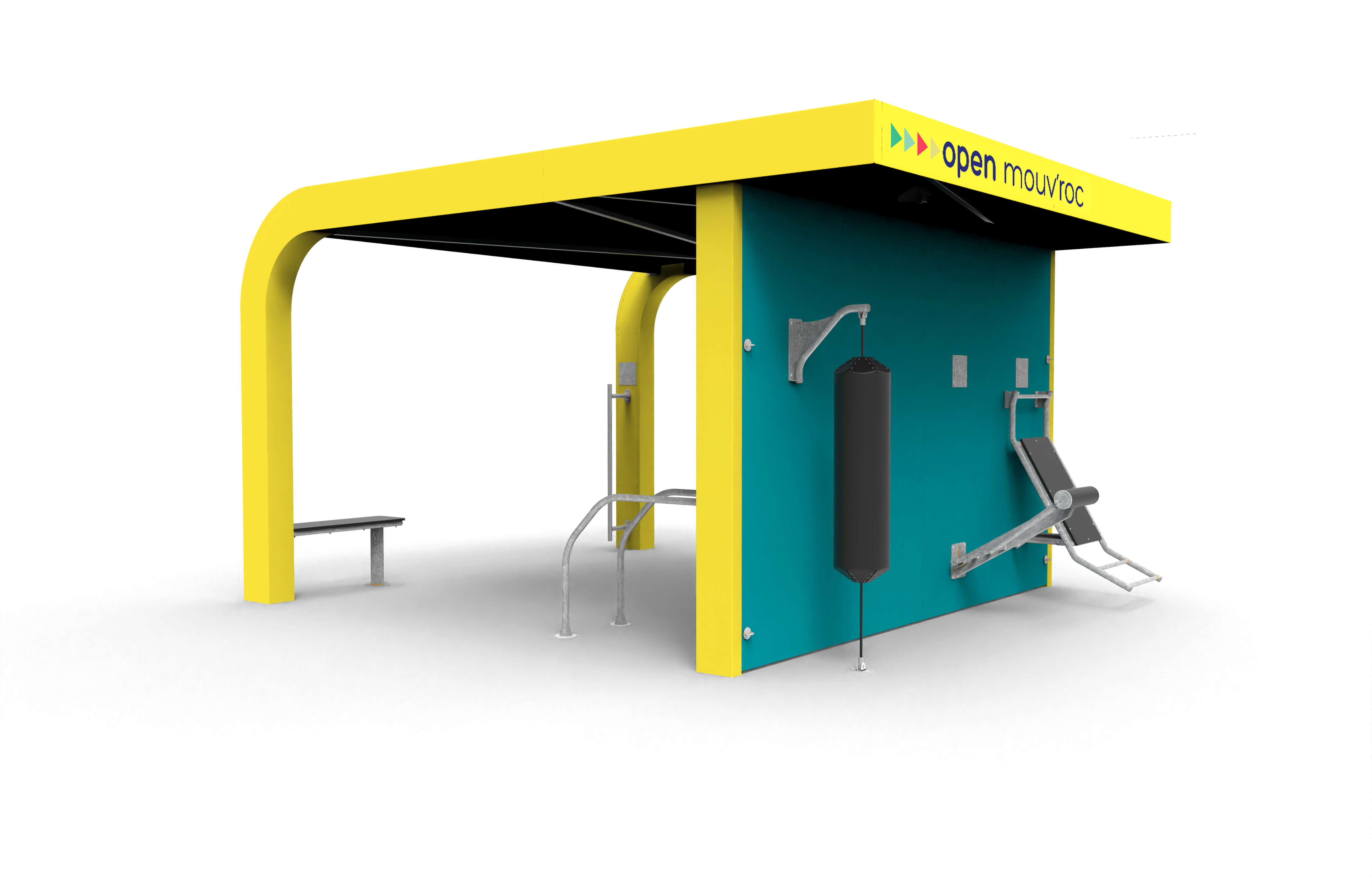 Appareil de fitness d'extérieur modulaire avec toit jaune, mur turquoise et équipement de fitness comme un sac de frappe, idéal pour les espaces publics