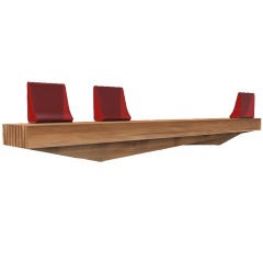 Schwebendes Holzregal mit roten Buchstützen, minimalistisches Design, für moderne Inneneinrichtung