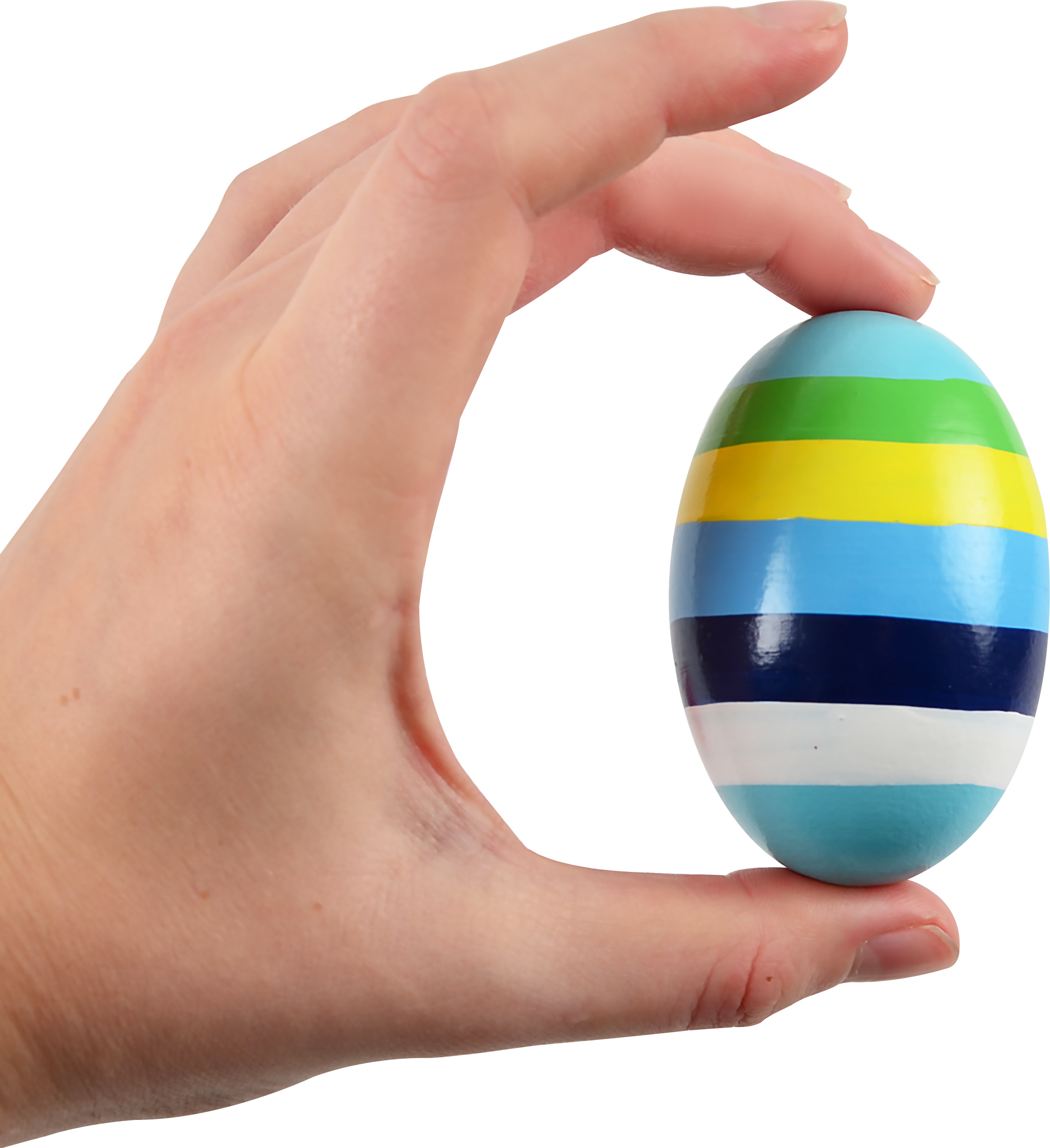 Nahaufnahme eines bunten Ostereis mit mehrfarbigen Streifen, das von einer Hand gehalten wird. Perfekte Osterdekoration.