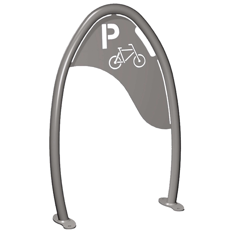 Moderner, gebogener Fahrradständer aus Metall mit Fahrrad- und Parkplatzsymbolen