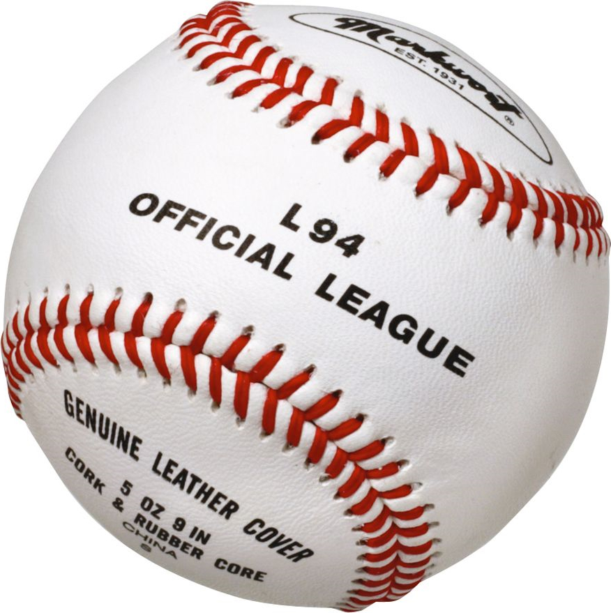Nahaufnahme eines Baseballs mit roten Nähten, offizielle Liga L94, aus echtem Leder gefertigt mit Kork- und Gummikern.