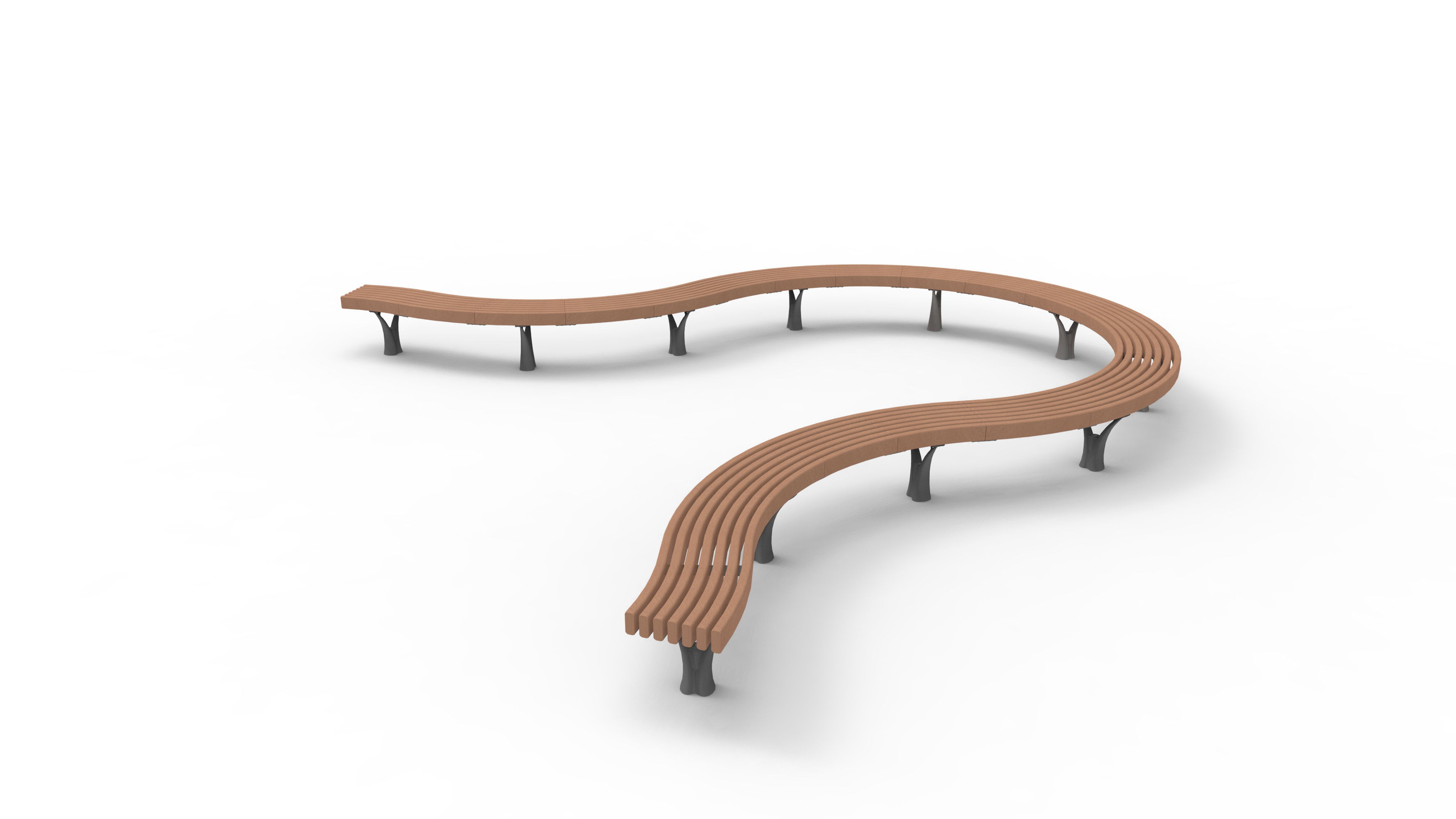 Moderne modulare Parkbank mit geschwungenem Design, aus Holz auf Metallbeinen