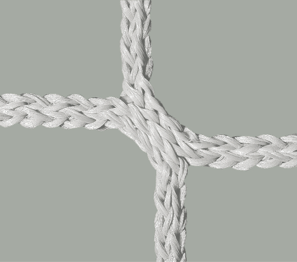 Nahaufnahme eines geknoteten weißen Seils, das eine quadratische Formation auf grauem Hintergrund bildet