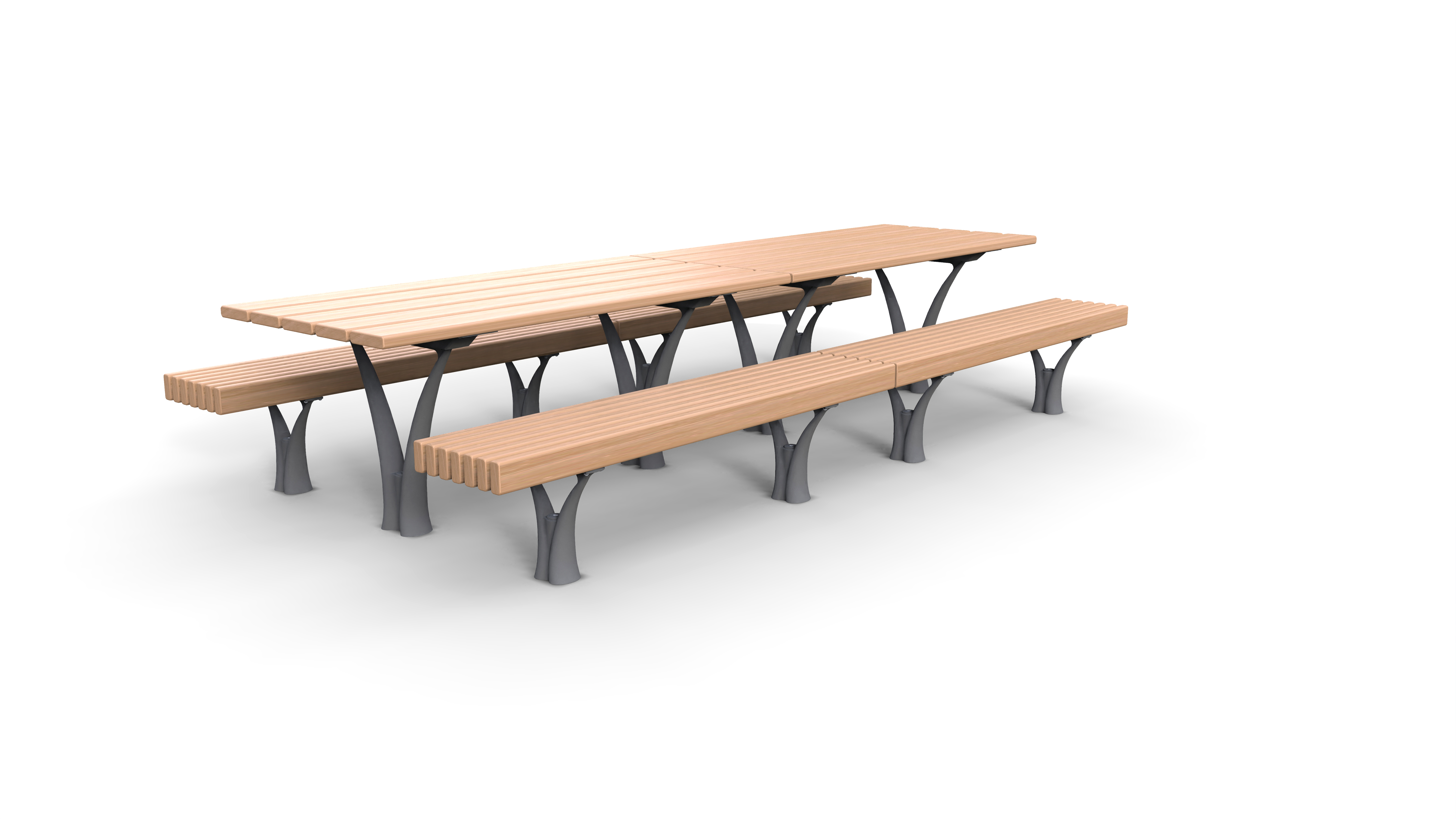 Ein großer Picknicktisch aus Holzlatten mit stabilen Metallbeinen, ideal für Outdoor-Aktivitäten und Gartengestaltung.