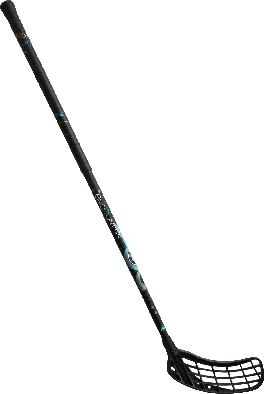 Schwarzer Floorballschläger mit Gitterblatt, ideal für Unihockey. Hochwertige Ausrüstung für Spieler.