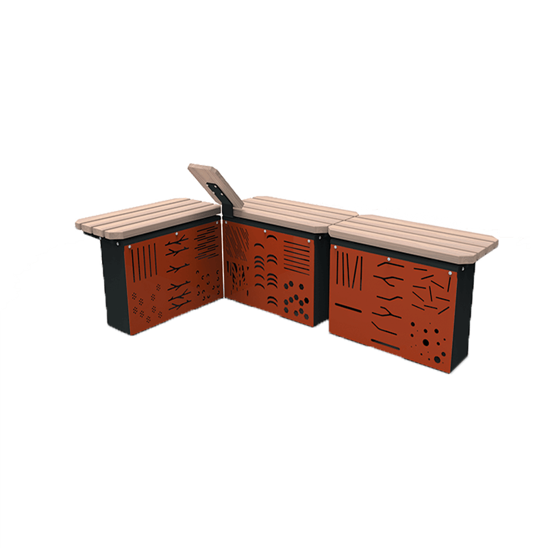 Modulare Sitzbank mit klappbaren Holzflächen und Stauraum, ideal für den Außenbereich