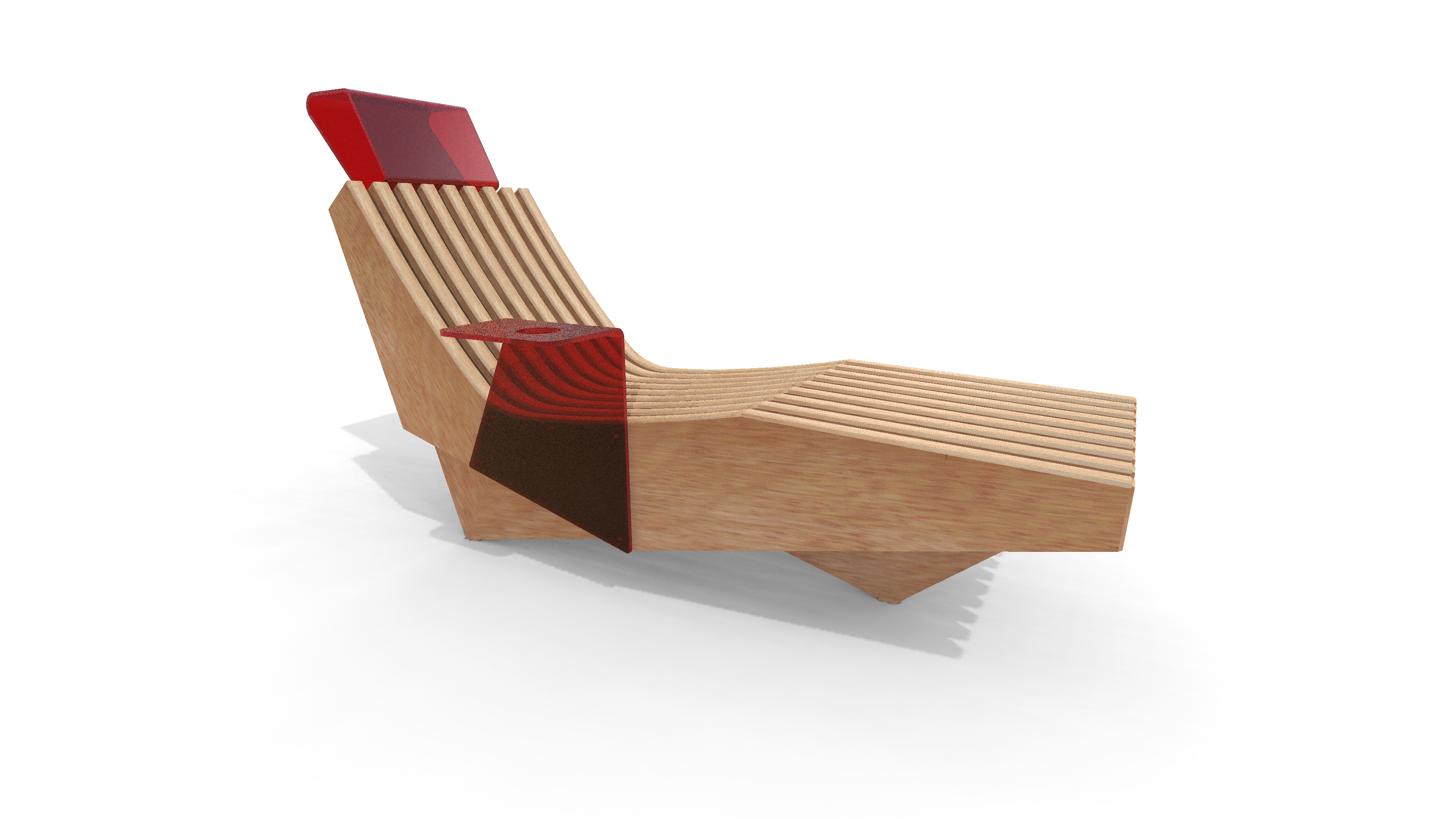 Chaise longue inclinée en bois avec détail rouge et design ergonomique