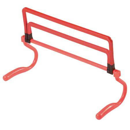 Eine rote, verstellbare Trainingshürde aus Kunststoff, ideal für Fitness- und Agility-Übungen.