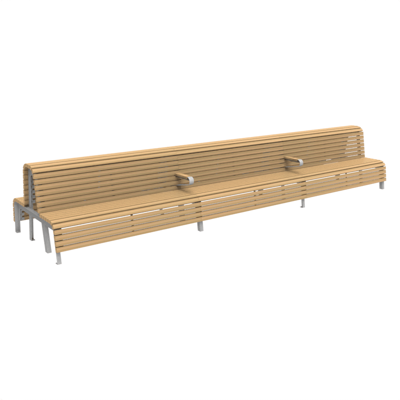 Moderne Holzbank mit Metallfüßen und Rückenlehne, ideal für Parks oder Gärten