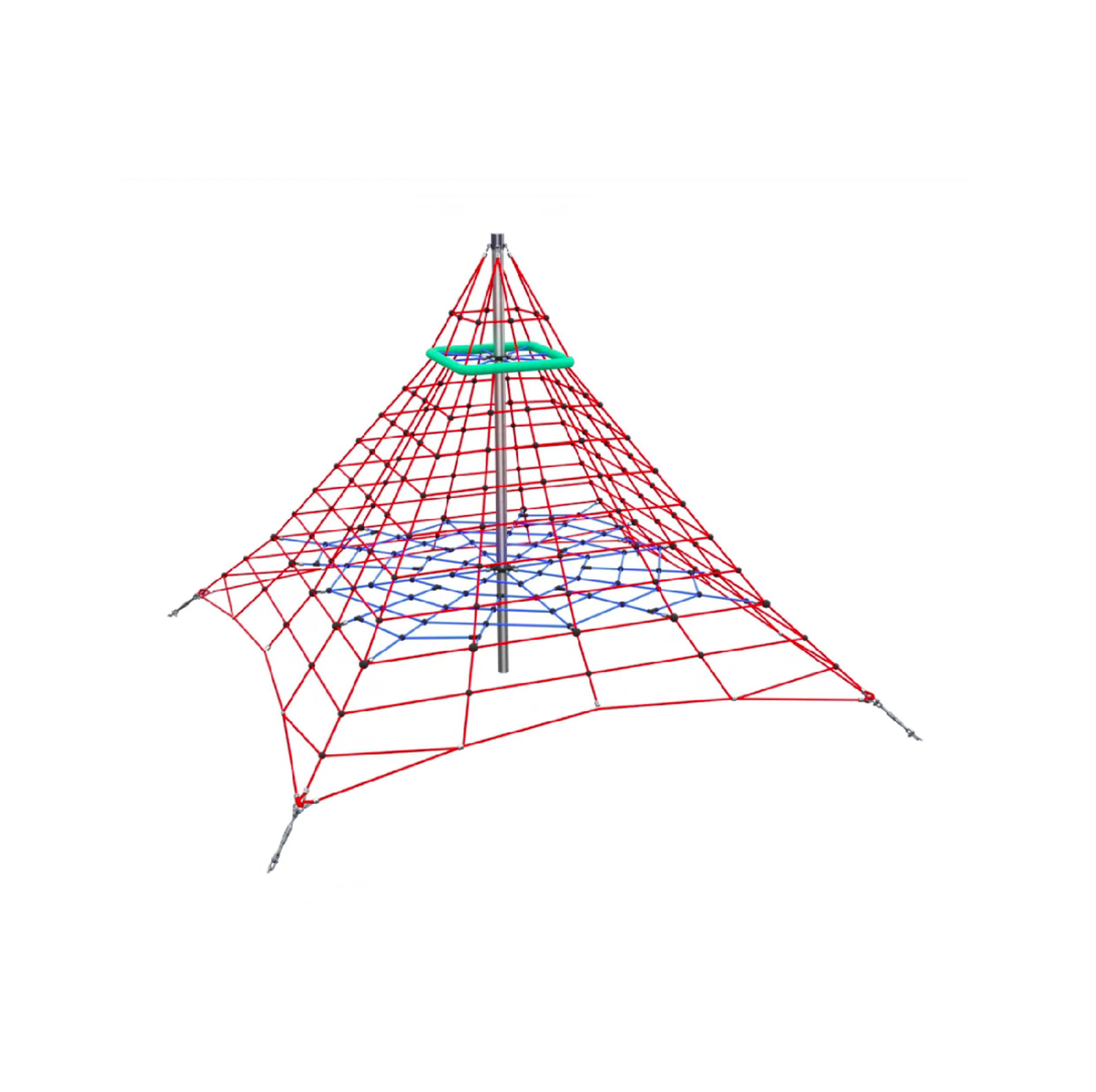 Kletterpyramide Typ 375-95 von Ullman mit rotem Herkules-Kletternetz, zentralem Mast und TÜV-konformer Fallhöhe von 95 cm für Spielplätze