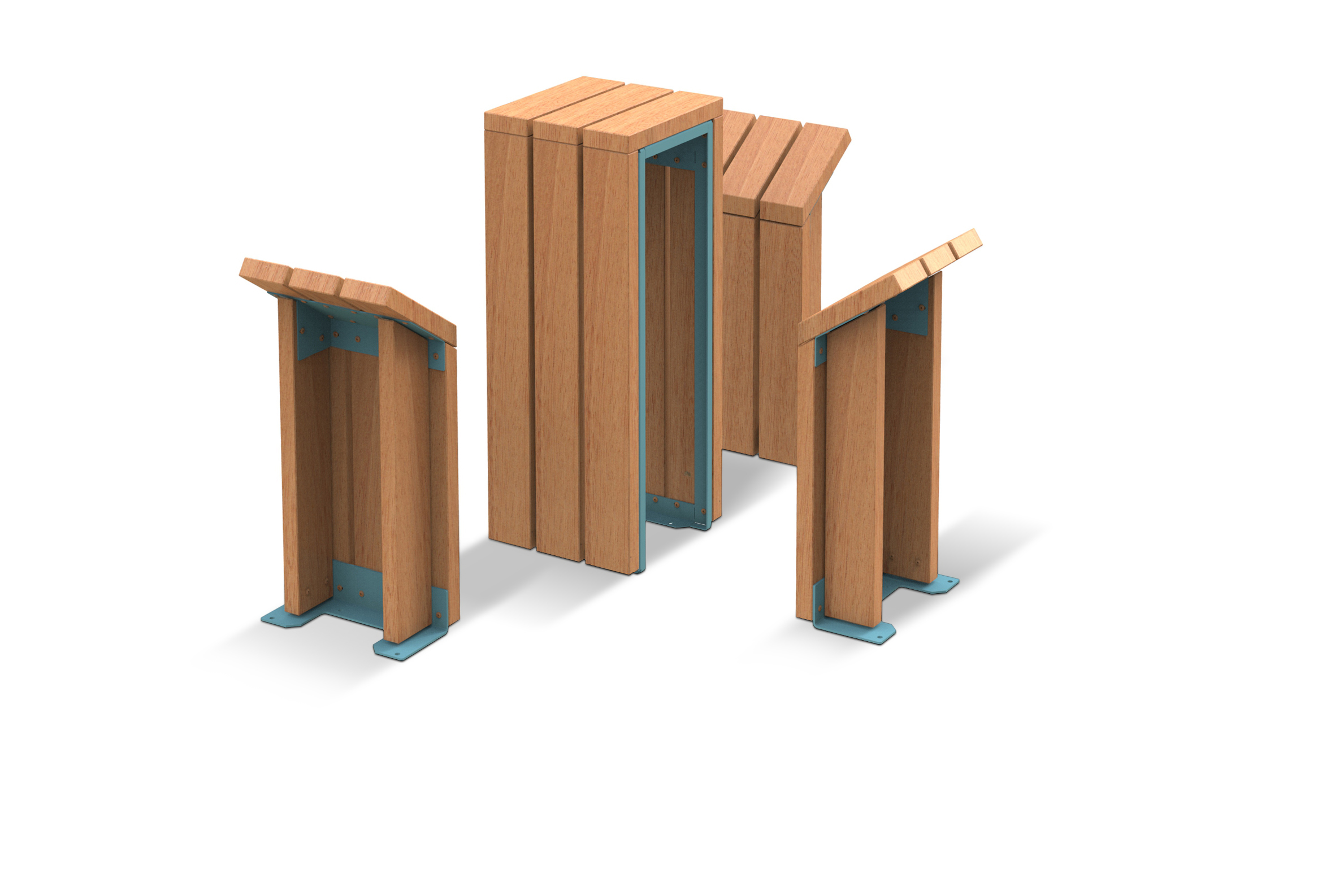 Set aus Holz- und Metallstrukturen für den Außenbereich, ideal für Stadtmöbel oder Gartenmöbel