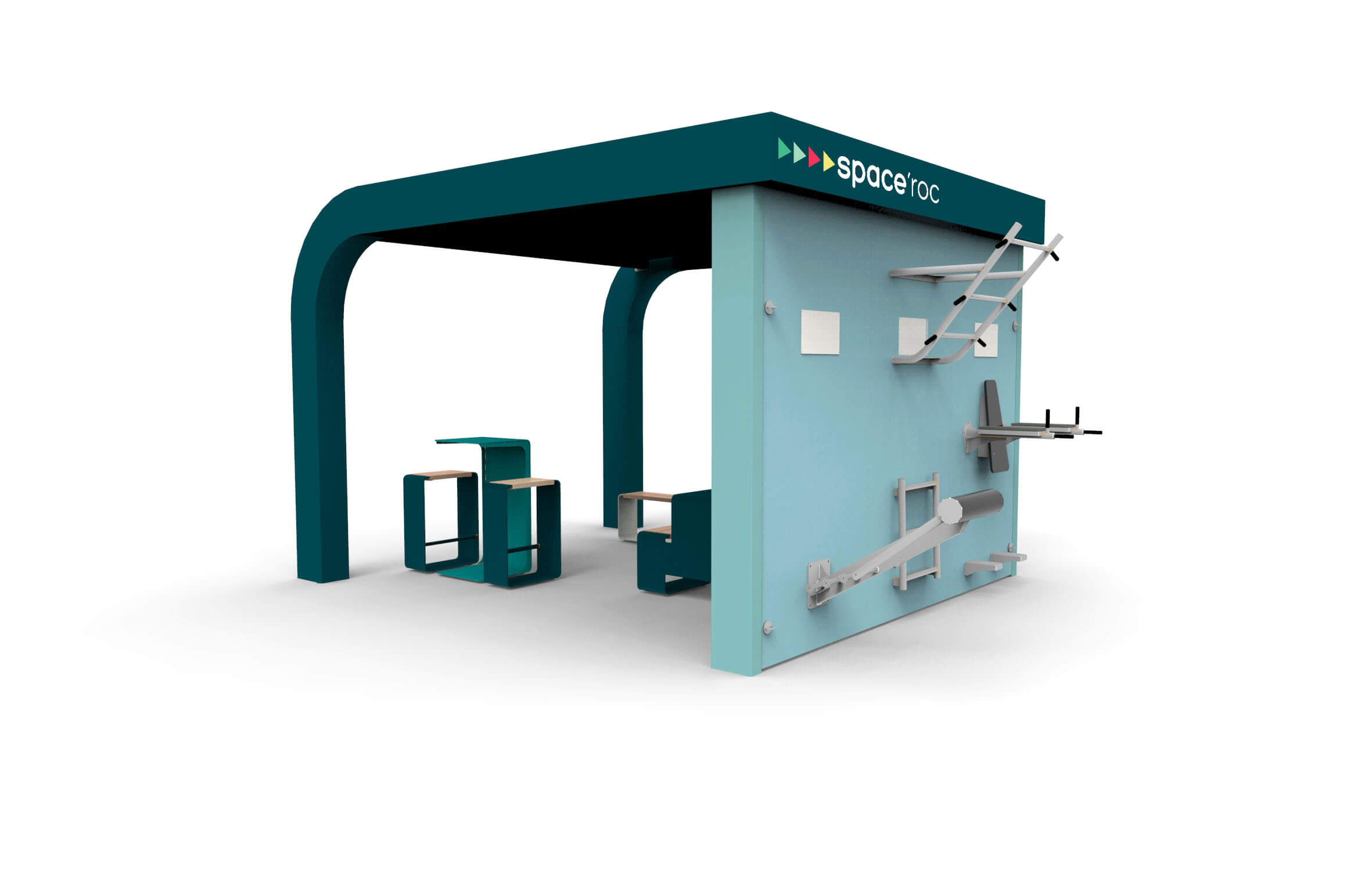 Système modulaire de SpaceRoc avec appareils de fitness et aménagement de bureau en bleu et turquoise