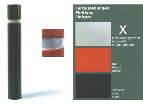 Bild eines schwarzen Pollers mit einer Nahaufnahme der reflektierenden Oberfläche und Optionen für Oberflächen in Grau sandgestrahlt, Rot und Schwarz.