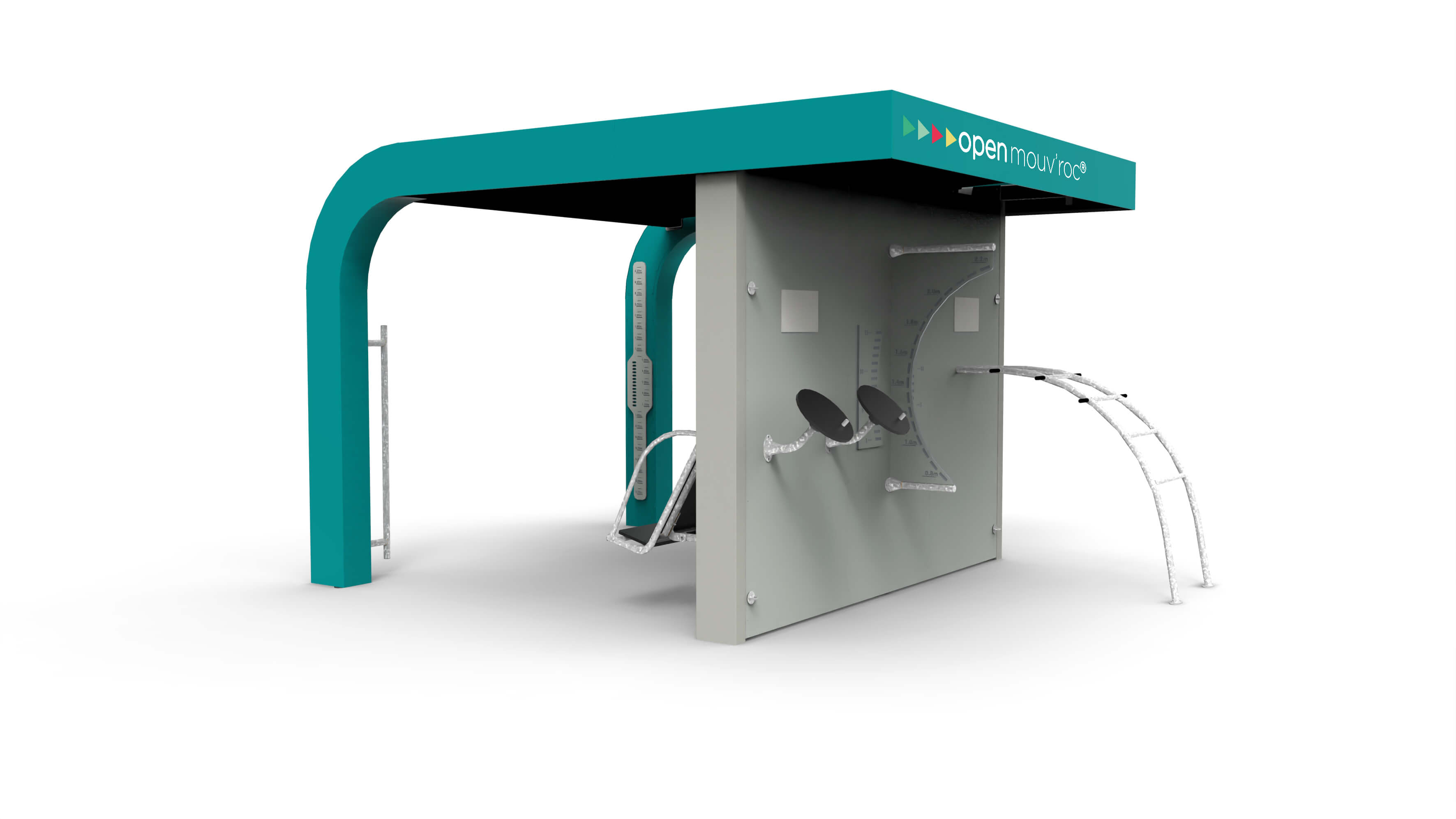 Image d'un appareil de fitness extérieur modulaire avec un toit turquoise, un mur d'escalade et d'autres stations de fitness.