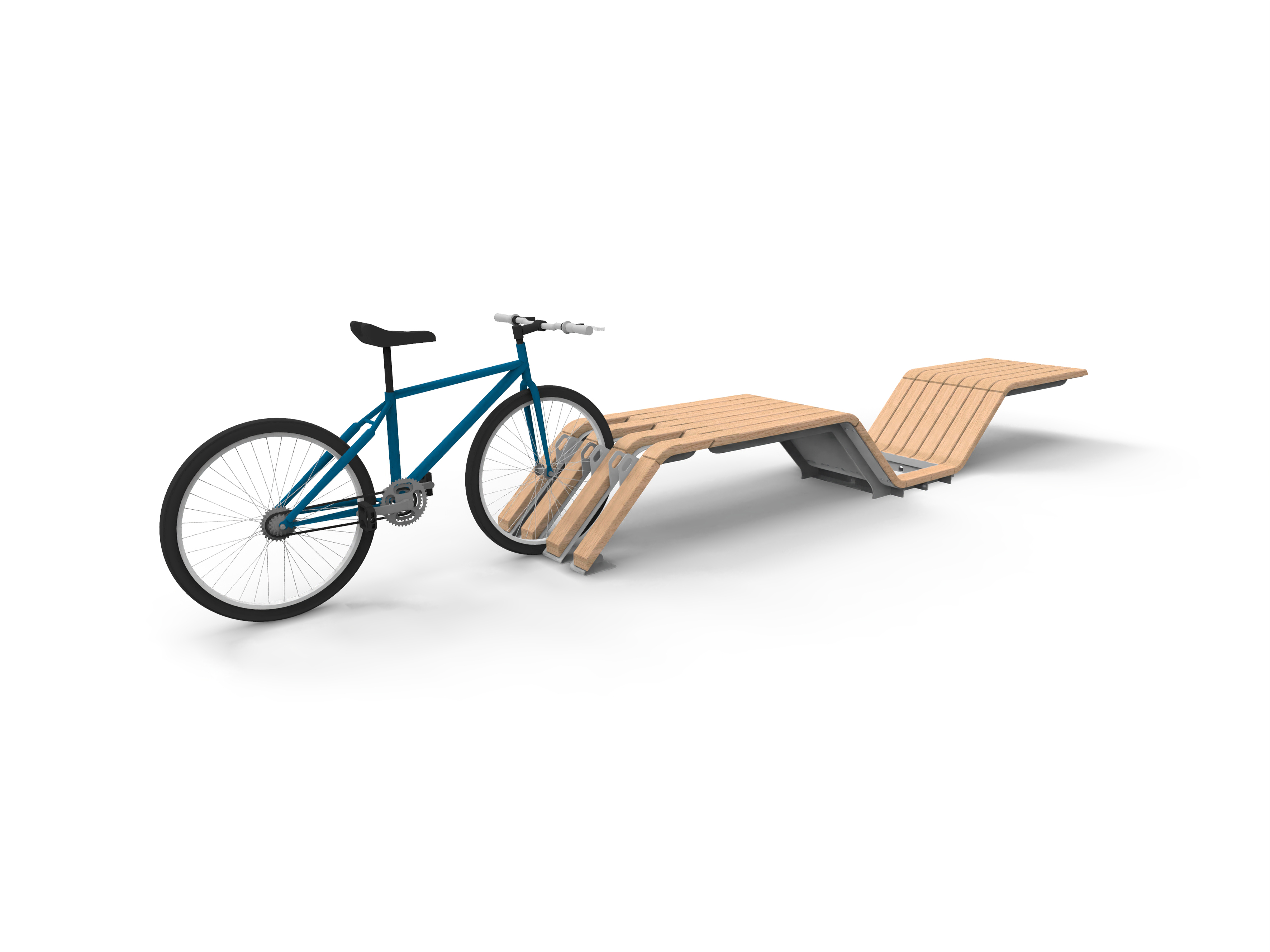 Fahrrad steht in einem innovativen Ständer mit integrierter Holzliege und Sitzbank