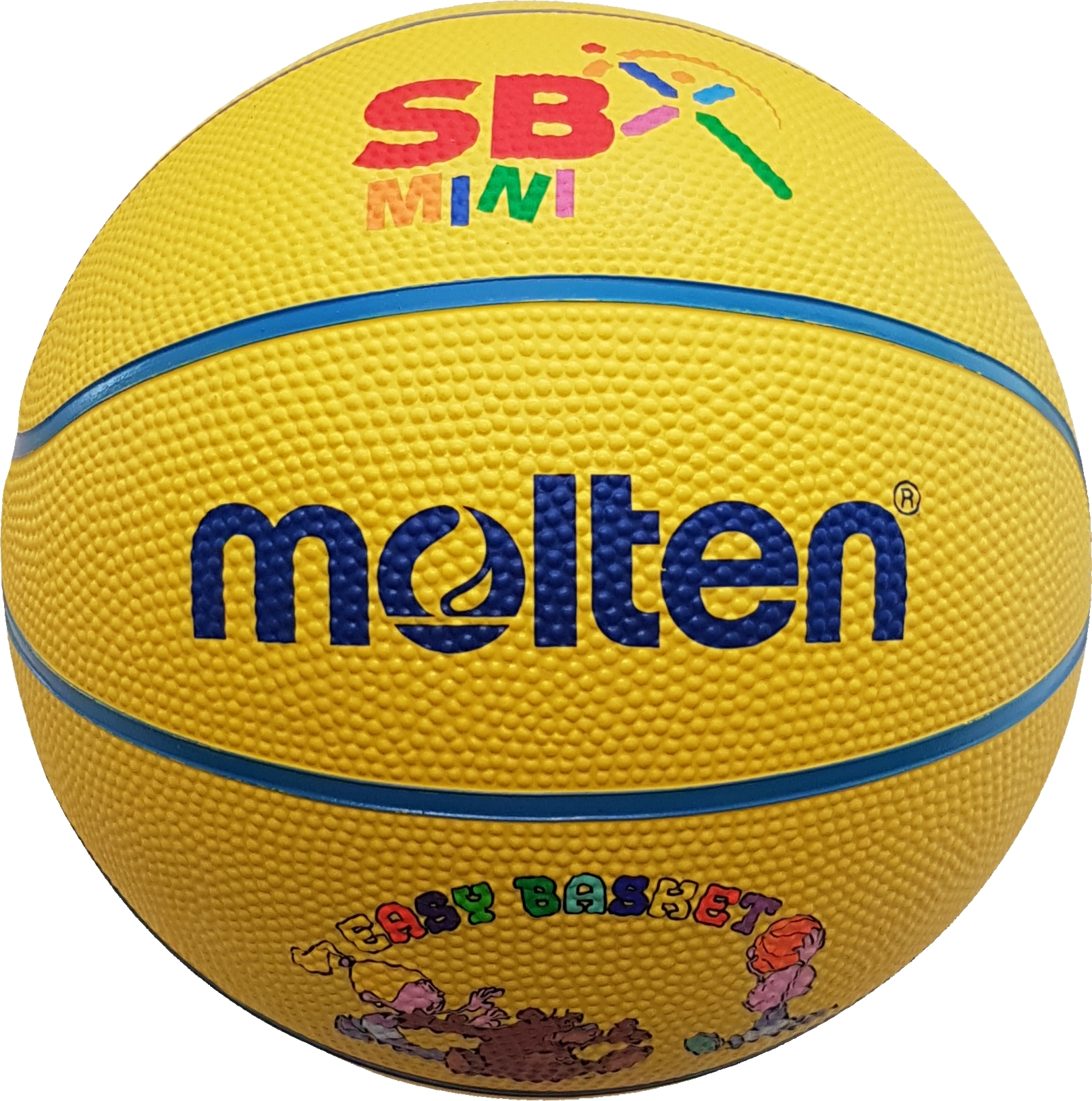 Gelber Molten SB Mini Basketball mit blauen Streifen und buntem Schriftzug, geeignet für Kinder