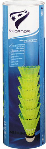 Verpackung von Rucanor Badminton Federbällen für Turniere, in leuchtendem Gelb
