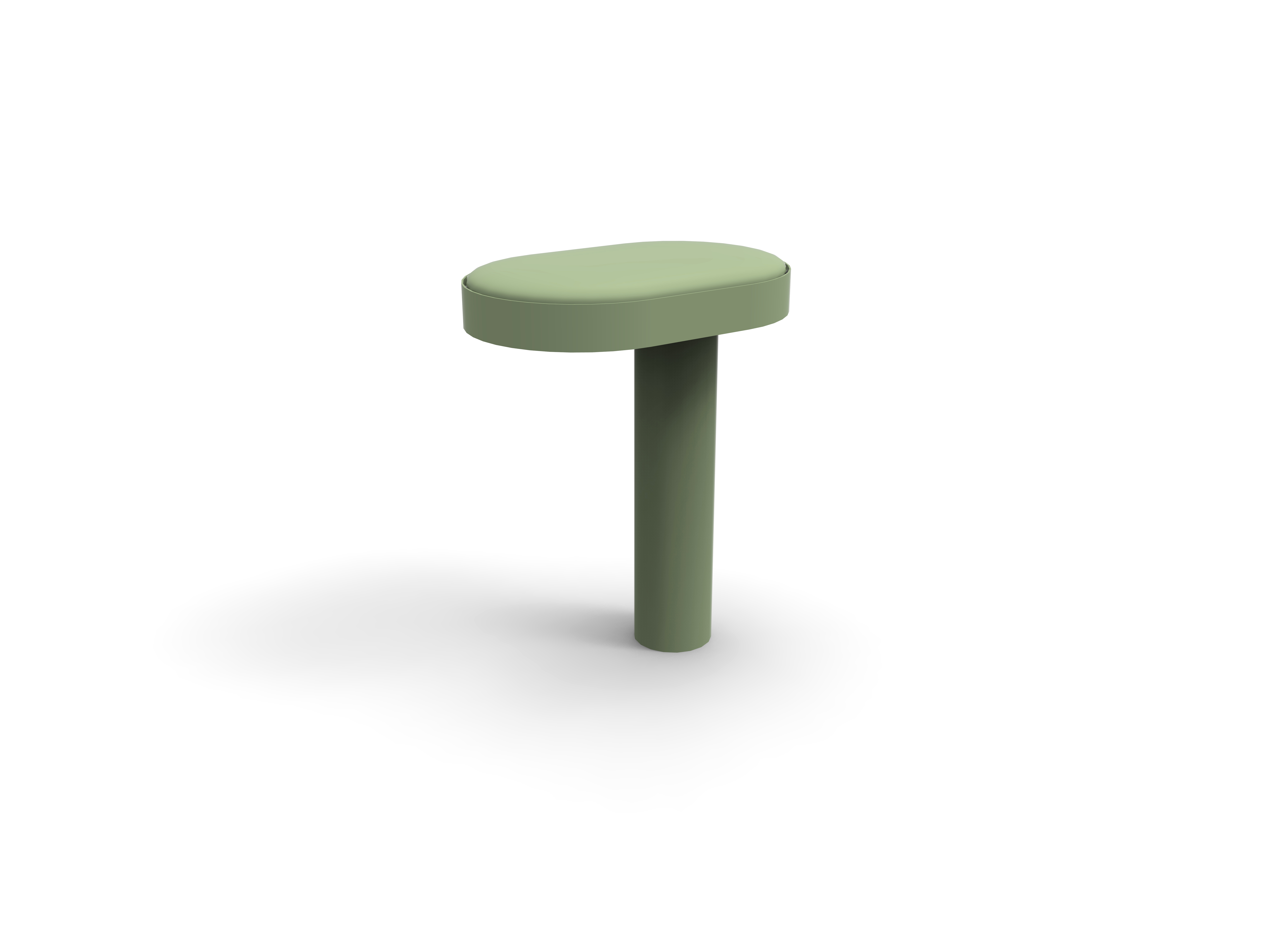 Ein grüner, minimalistisch gestalteter Hocker mit runder Sitzfläche und einem einzigen Stützbein.