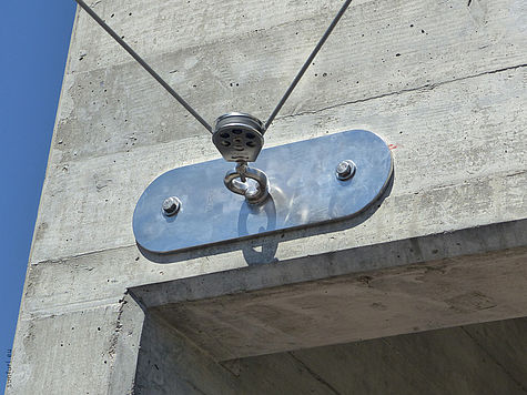 Détail d'un ancrage stable avec plaque métallique et câble métallique sur un mur en béton