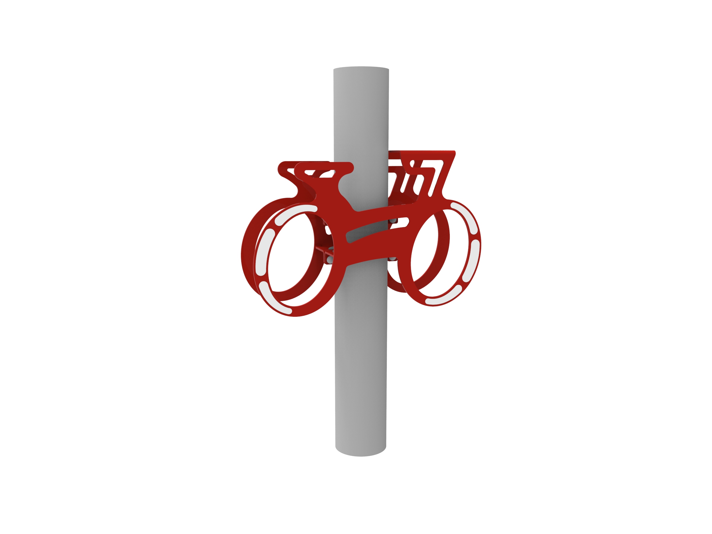 Ein roter Fahrradhalter, der an einem runden, grauen Pfosten befestigt ist