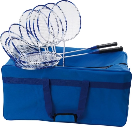 Set aus mehreren Badminton-Schlägern in einer blauen Tragetasche