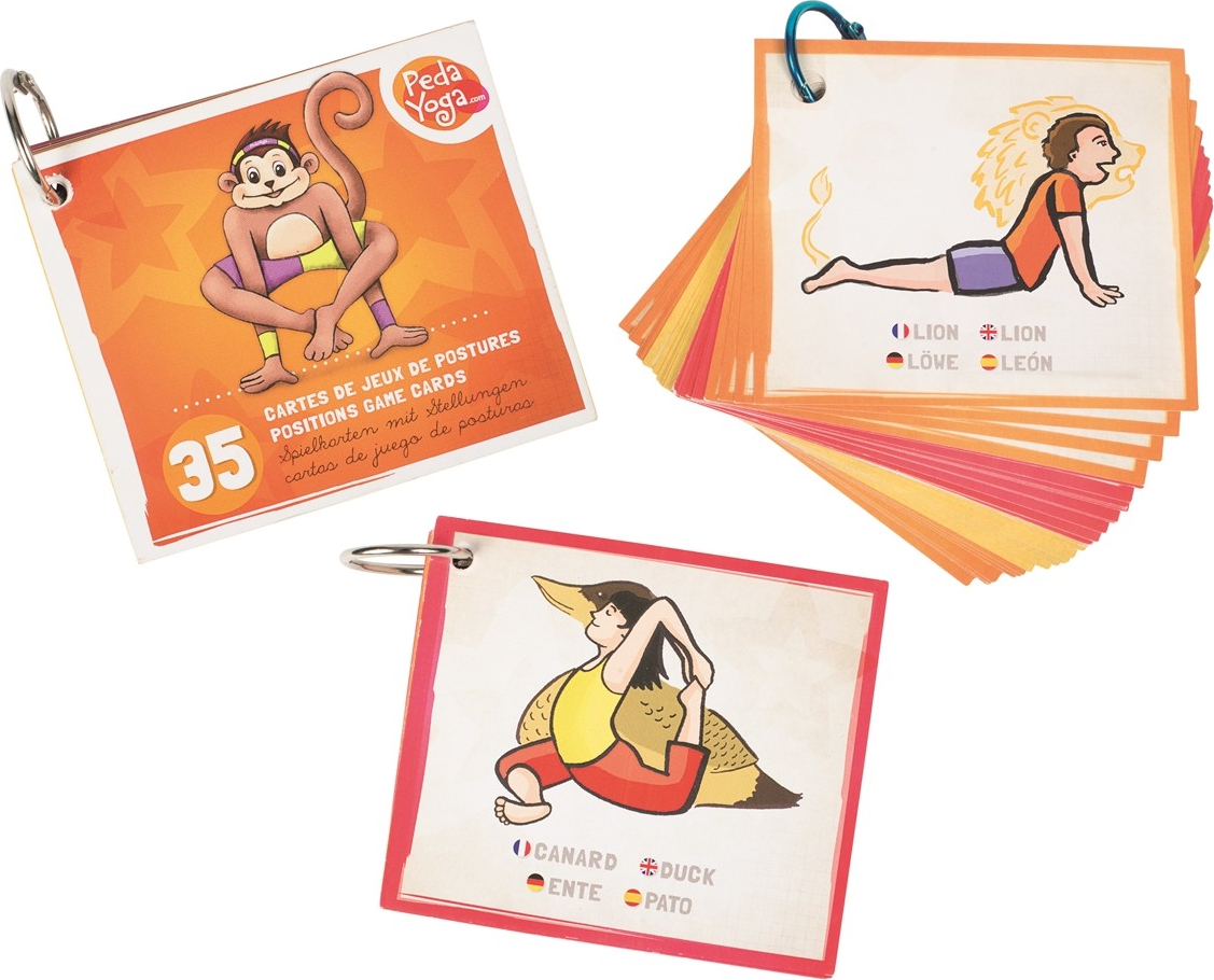 Kartenset mit Yoga-Positionen für Kinder, abgebildet sind zwei Positionen: Löwe und Ente. Enthält 35 Karten mit Illustrationen.