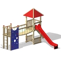 Illustration d'une aire de jeux avec tour à grimper, toboggan rouge et mur d'escalade bleu