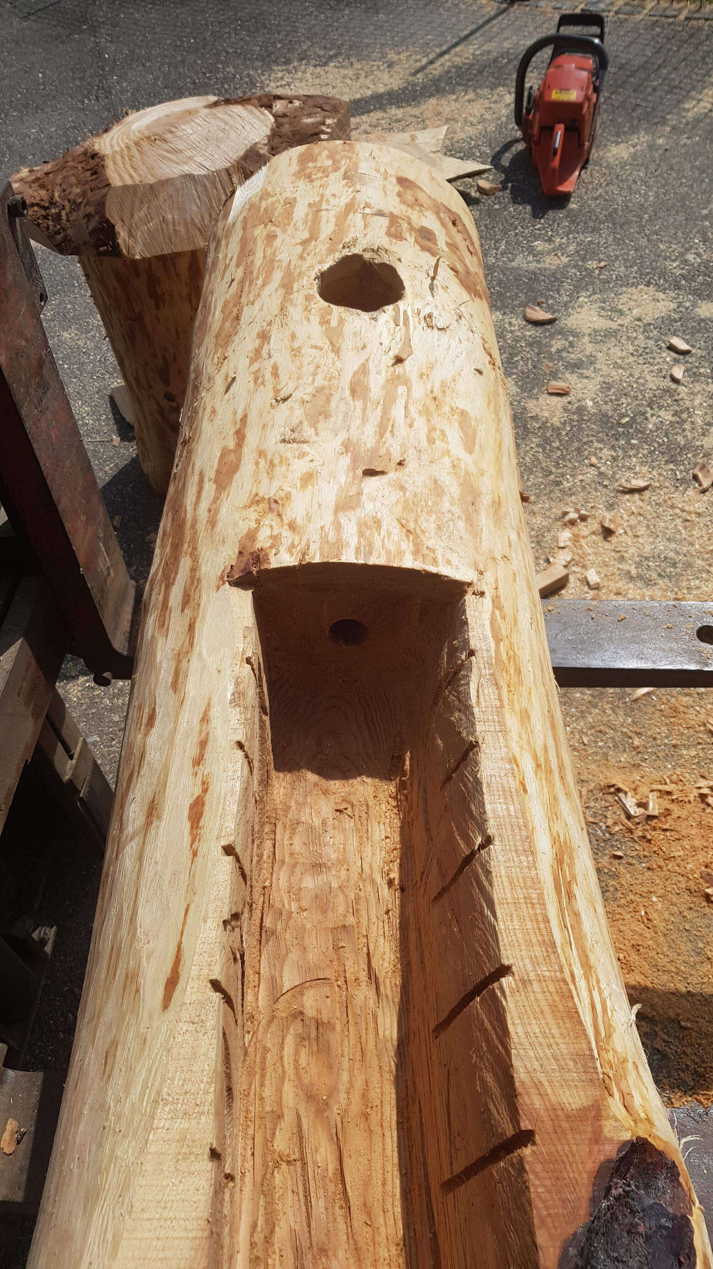 Un tronc de bois travaillé avec des évidements visibles est posé sur le sol. En arrière-plan, on peut voir une tronçonneuse rouge.