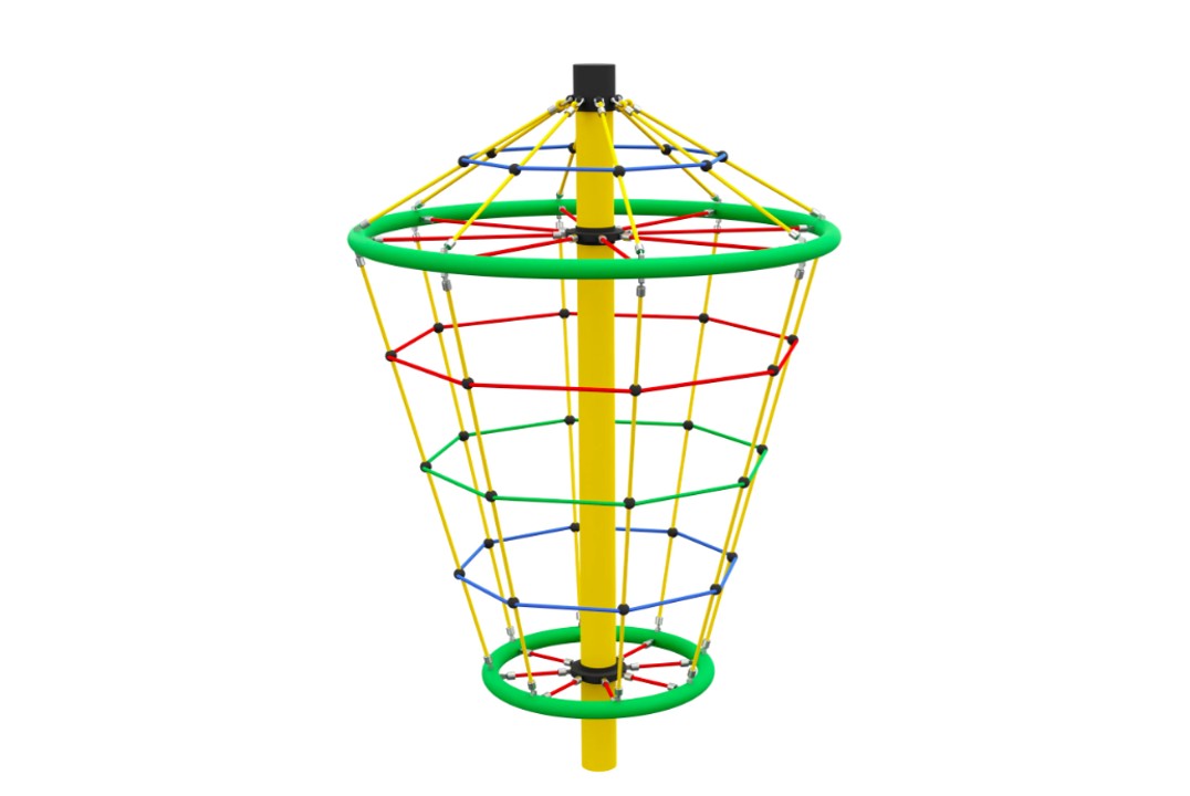 Konisches Kletterkarussell mit mehrfarbigem Seilnetz und stabiler Mittelsäule für den Außen-Spielplatz