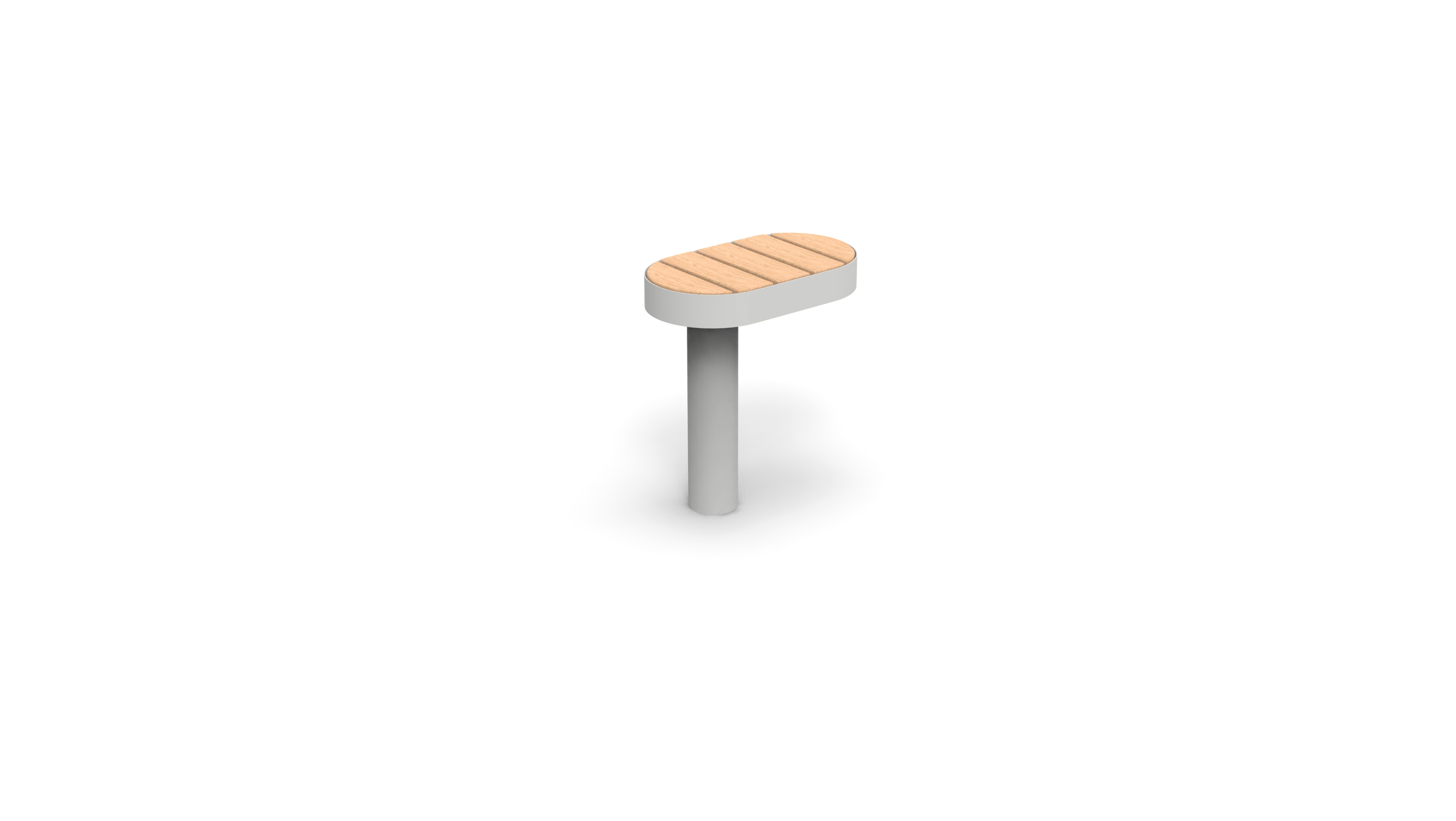 Einbeiniger Sitzhocker mit ovaler Holzplatte und metallischem Standfuß