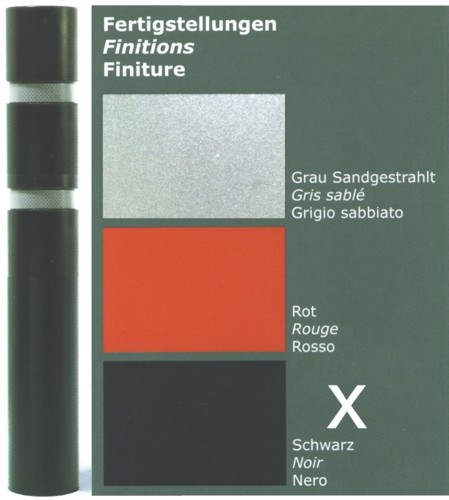 Darstellung der Farbauswahlen für Fertigstellungen mit Optionen in Grau Sandgestrahlt, Rot und Schwarz.