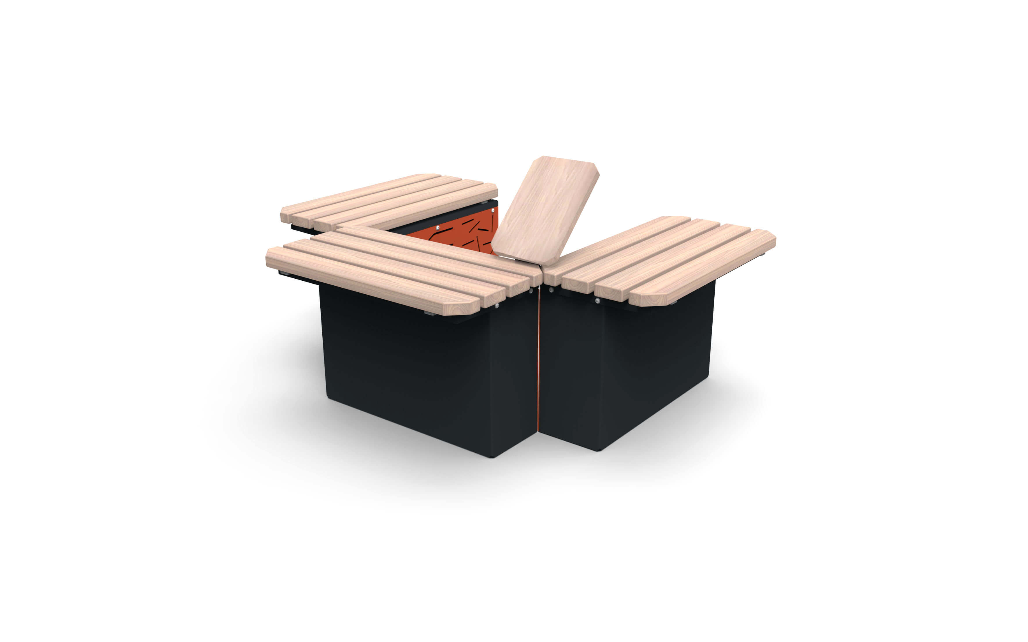 Quadratische Gartenbank mit aufklappbaren Holzsitzen und integriertem Stauraum, ideal für Außenbereiche