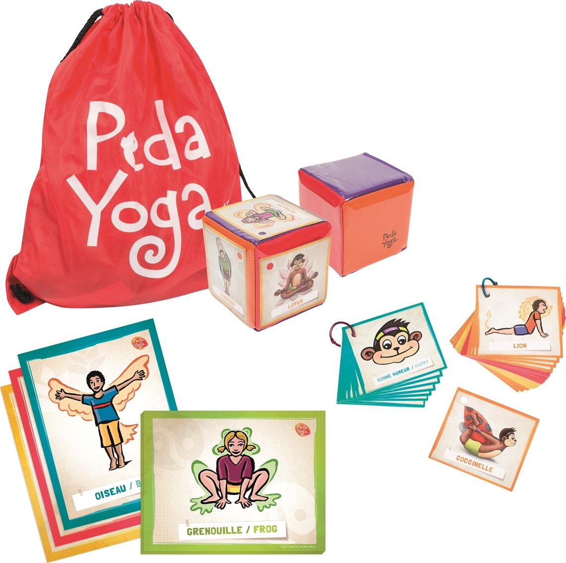 PedaYoga-Kinder-Set: Roter Beutel, Yoga-Posen-Karten und Übungswürfel