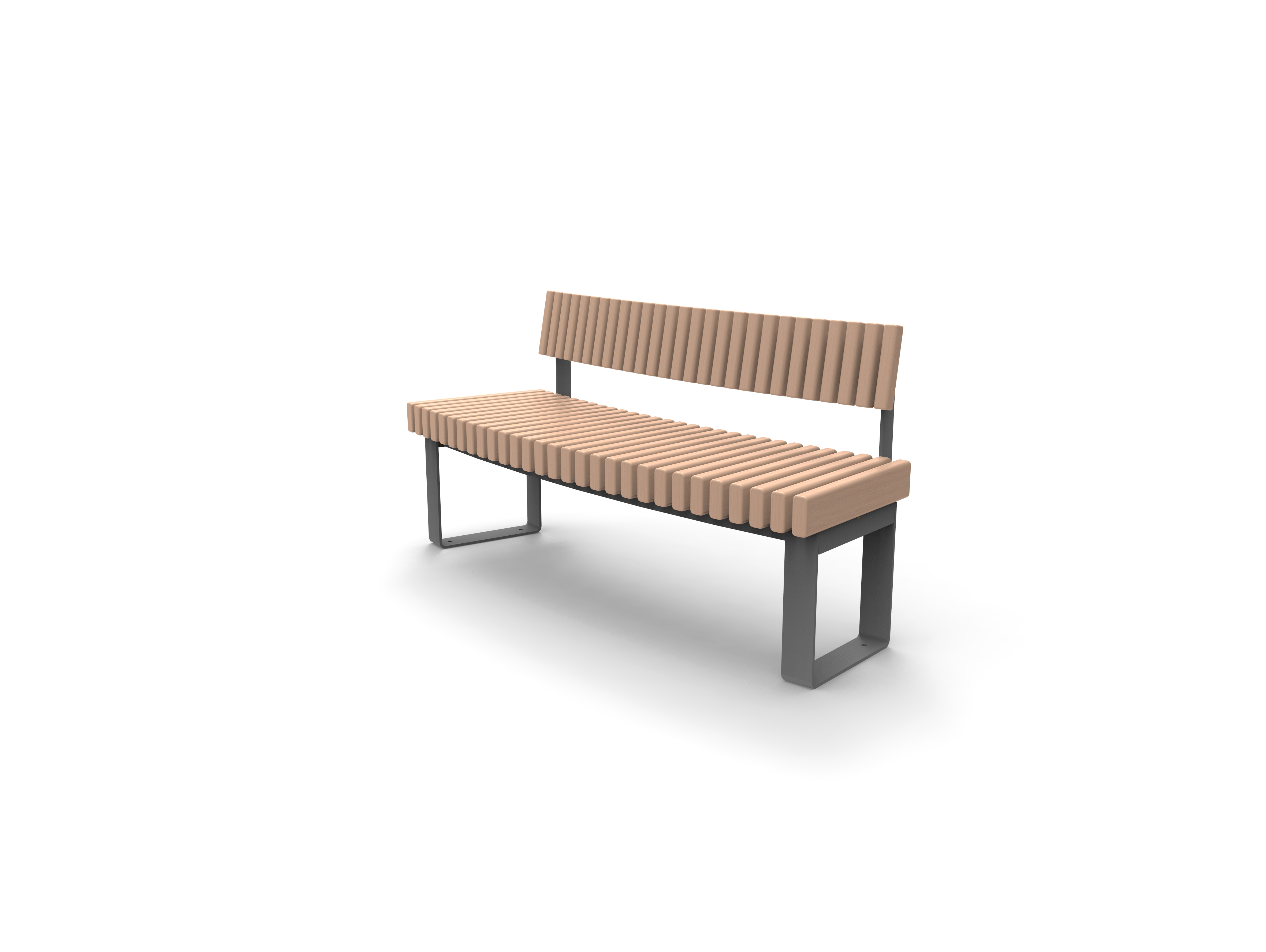 Parkbank mit horizontalen Holzlatten und stabilen Metallbeinen