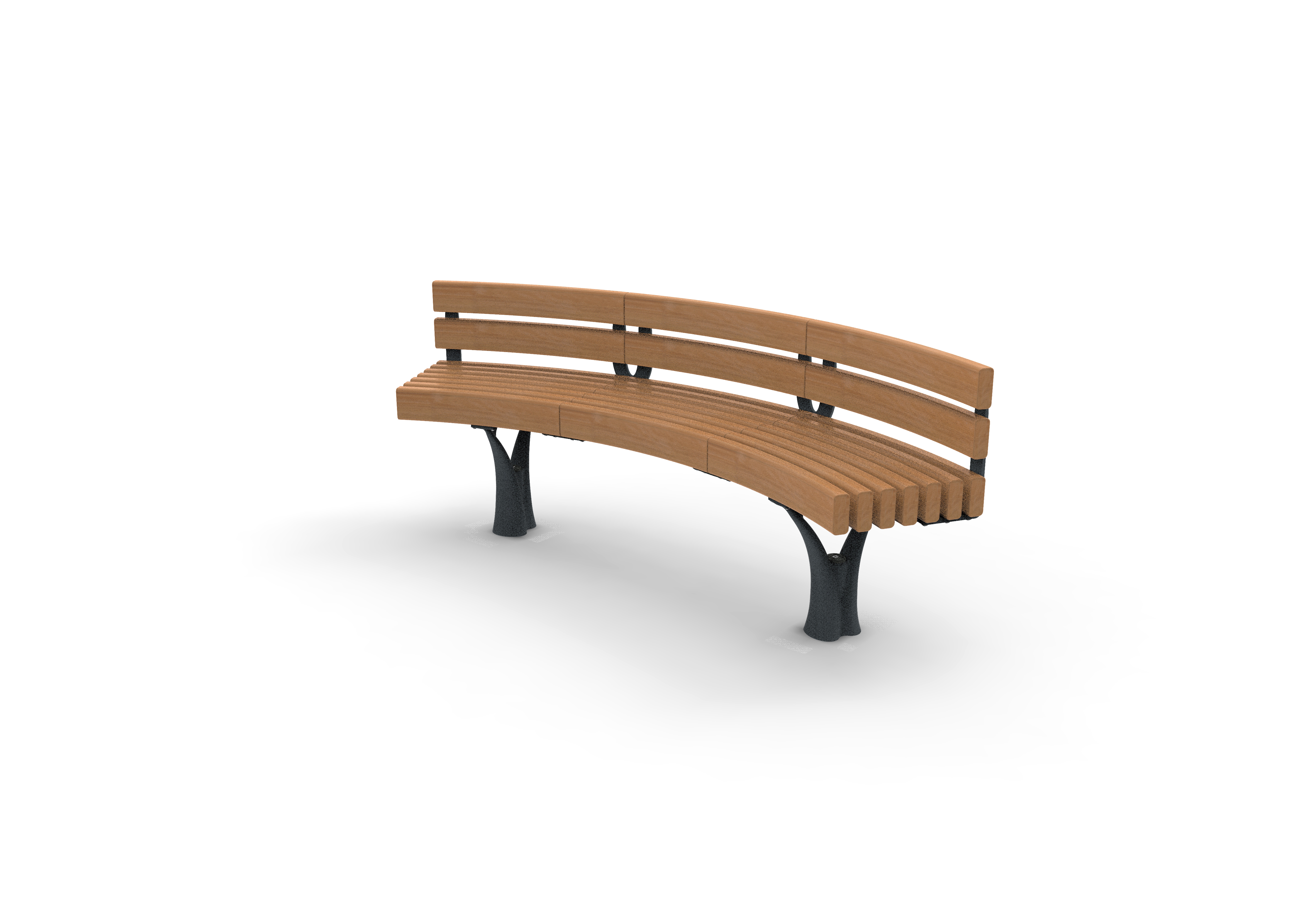 Eine stilvolle, gebogene Parkbank mit hölzernen Sitzflächen und Rückenlehnen auf stabilen Metallfüßen.