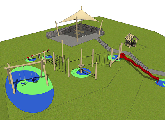 Illustration 3D d'une aire de jeux moderne avec balançoires, structures d'escalade, toboggan et pavillon sur pelouse.