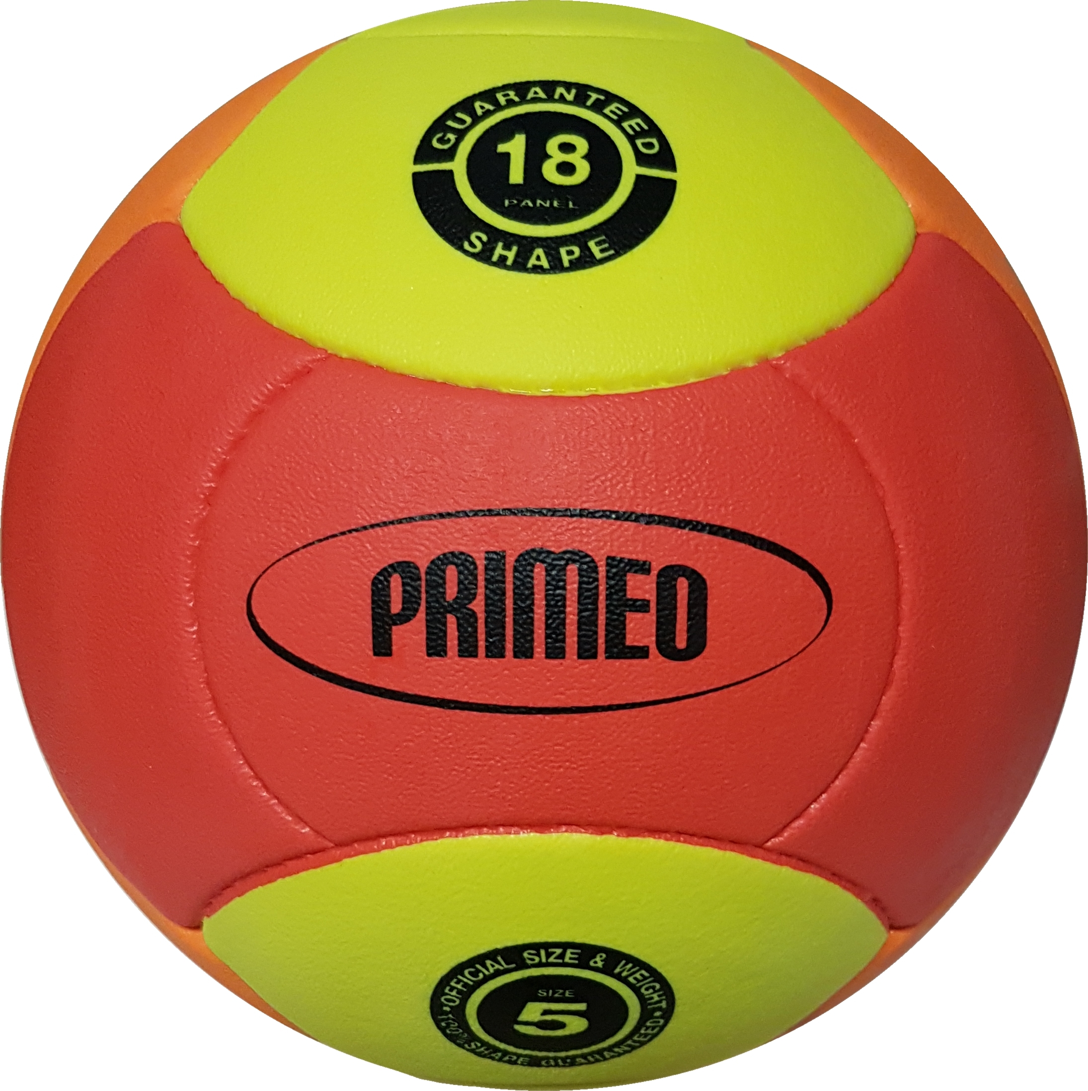 Gelb-roter Primeo Volleyball der Größe 5 mit 18-Panel Design und garantierter Form