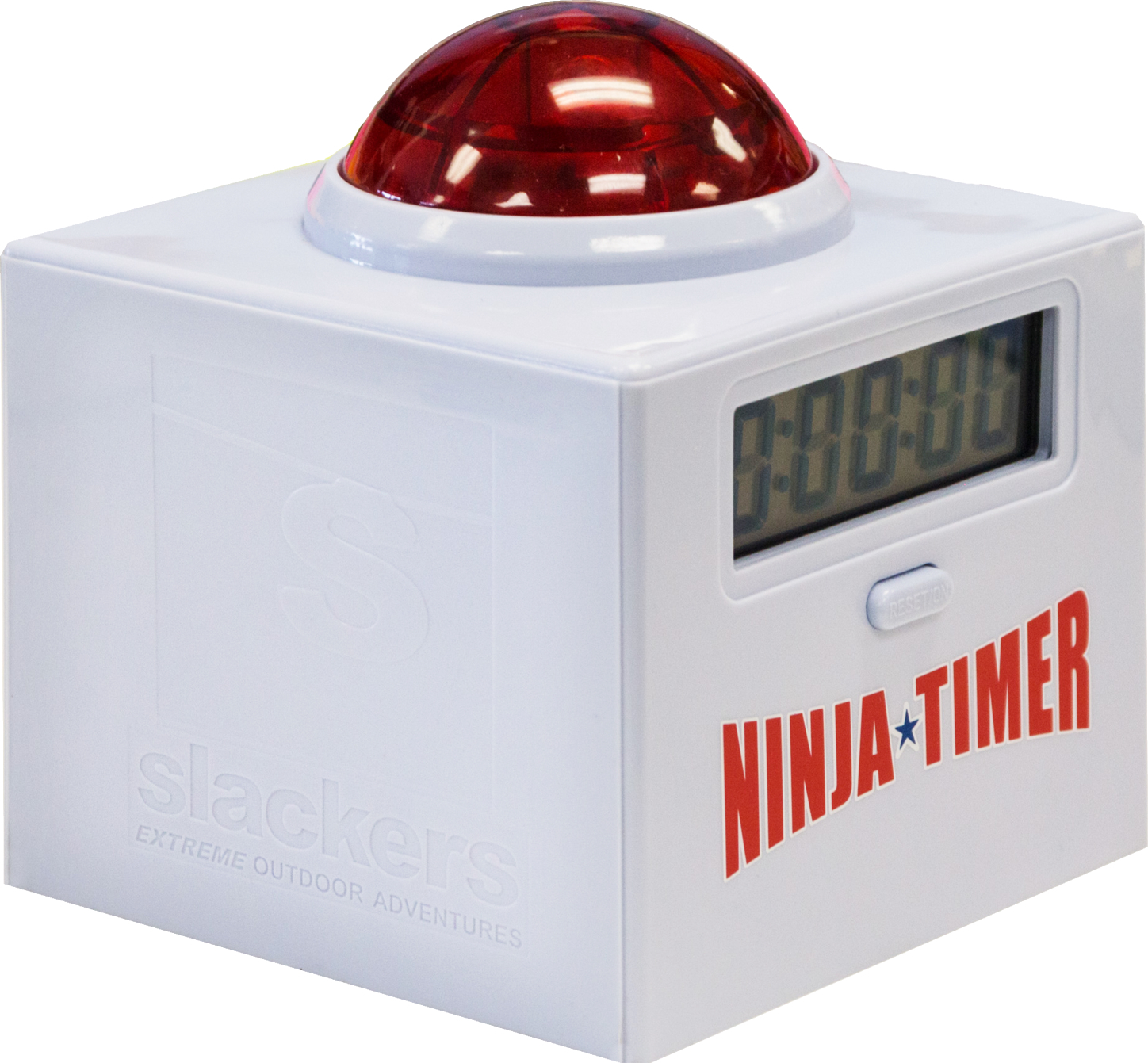 Ein weißer Slackers Ninja Timer mit rotem Druckknopf und digitalem Display für Outdoor-Abenteuer