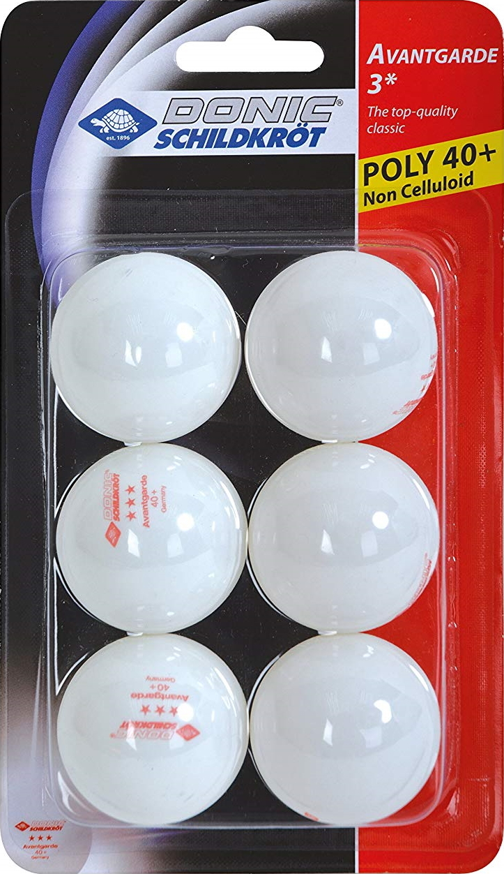 Sechs weiße Tischtennisbälle von Donic Schildkröt, Modell Avantgarde 40+ mit 3-Sterne-Bewertung, verpackt in Blisterpackung