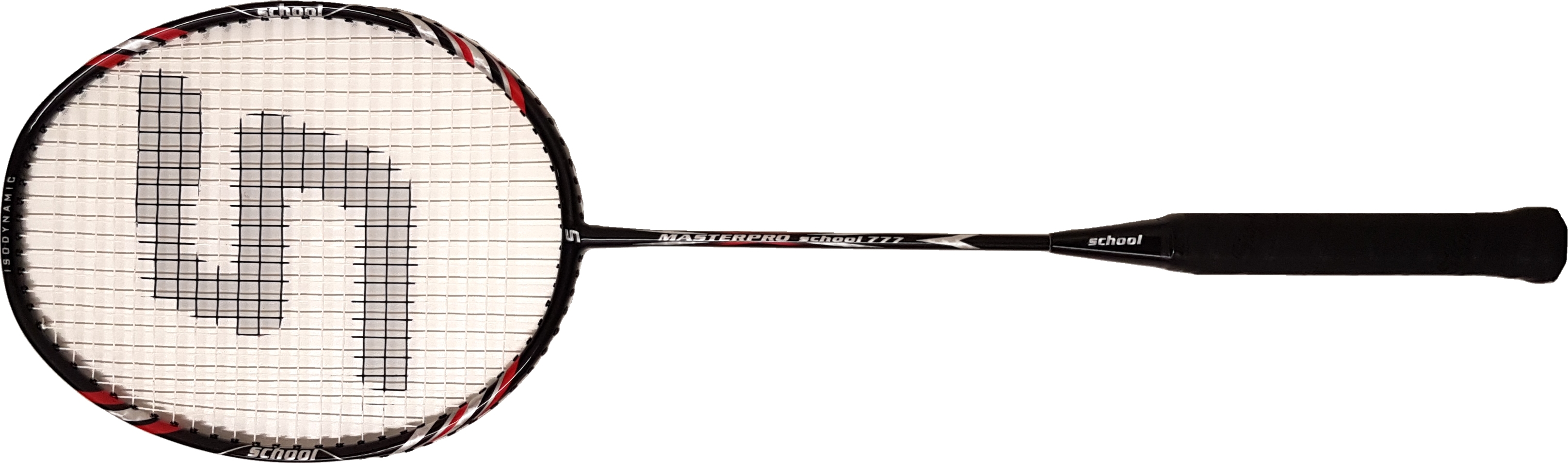 Badmintonschläger mit schwarz-rotem Rahmen und Isodynamik-Technologie, Modell Masterpro School 777
