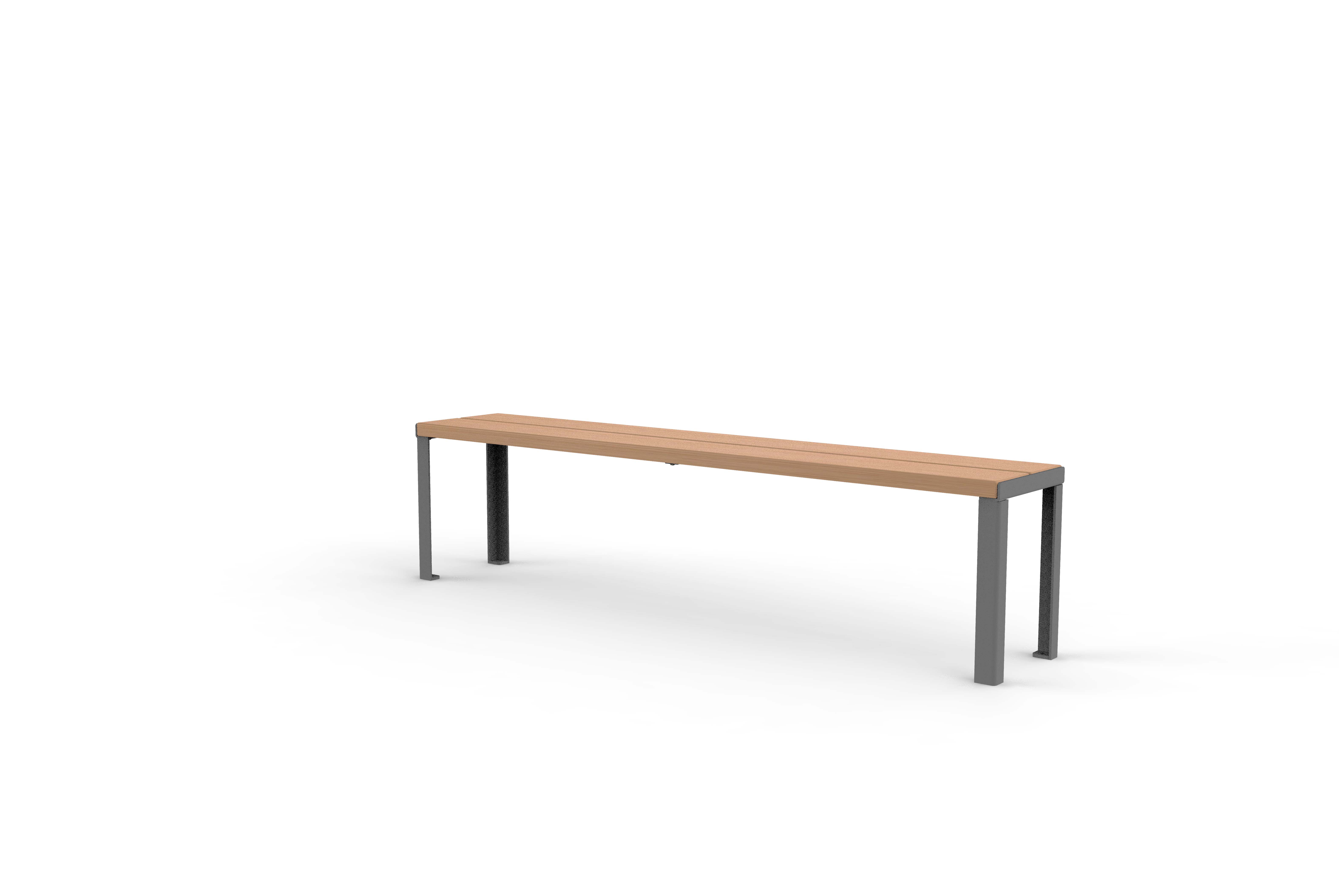 Eine lange Sitzbank mit einer Sitzfläche aus Holz und stabilen Metallbeinen, geeignet für den Innen- und Außenbereich.