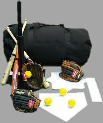 Baseball-Ausrüstung mit Schlägern, Handschuhen, gelben Bällen und Tasche
