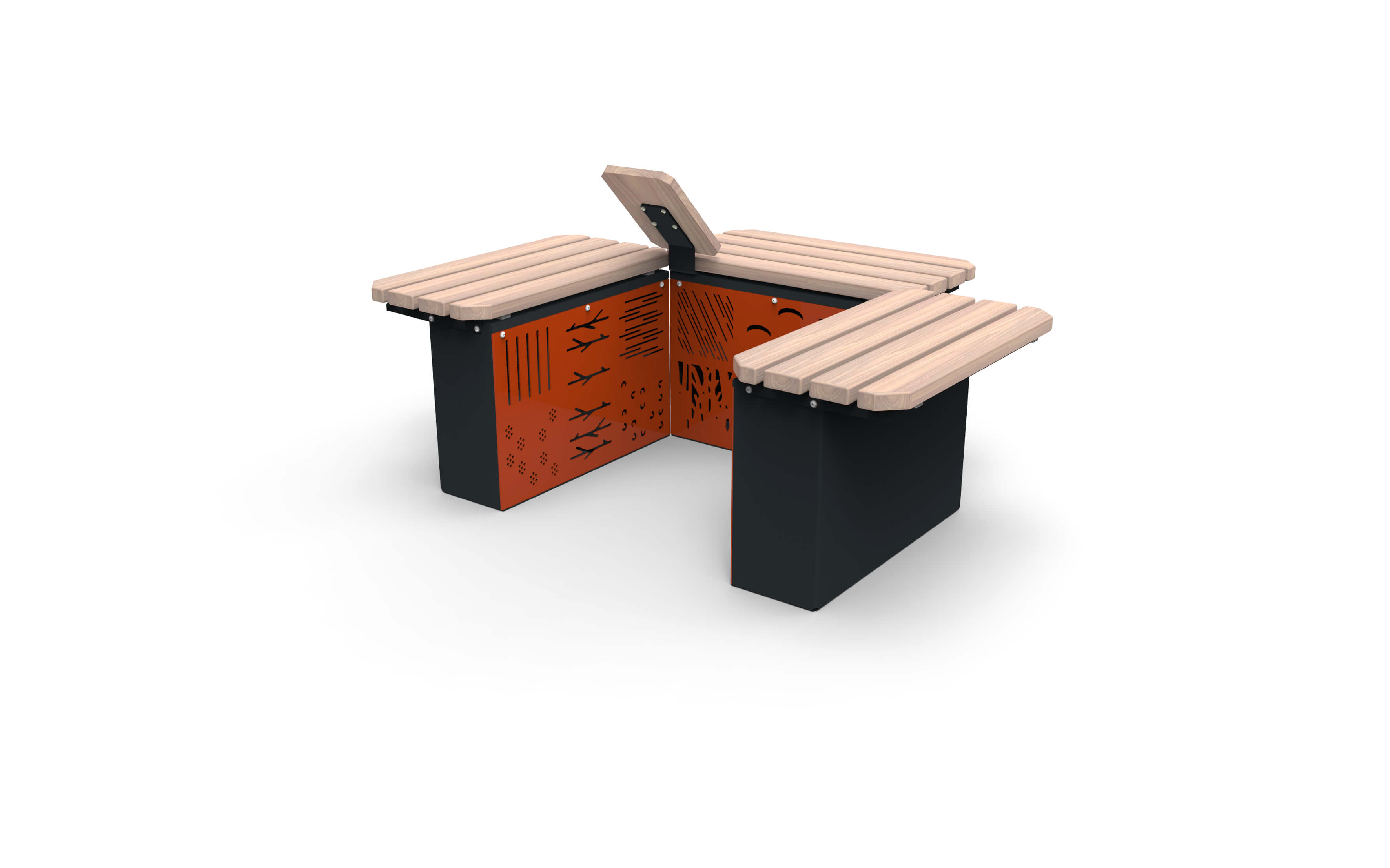 Dreiteilige Sitzbank aus Holz und Metall mit Muster auf dem Rücken