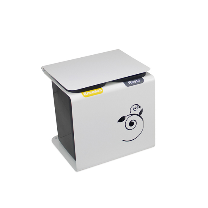 Poubelle bicolore élégante avec symbole de recyclage, adaptée au tri des emballages et des déchets résiduels