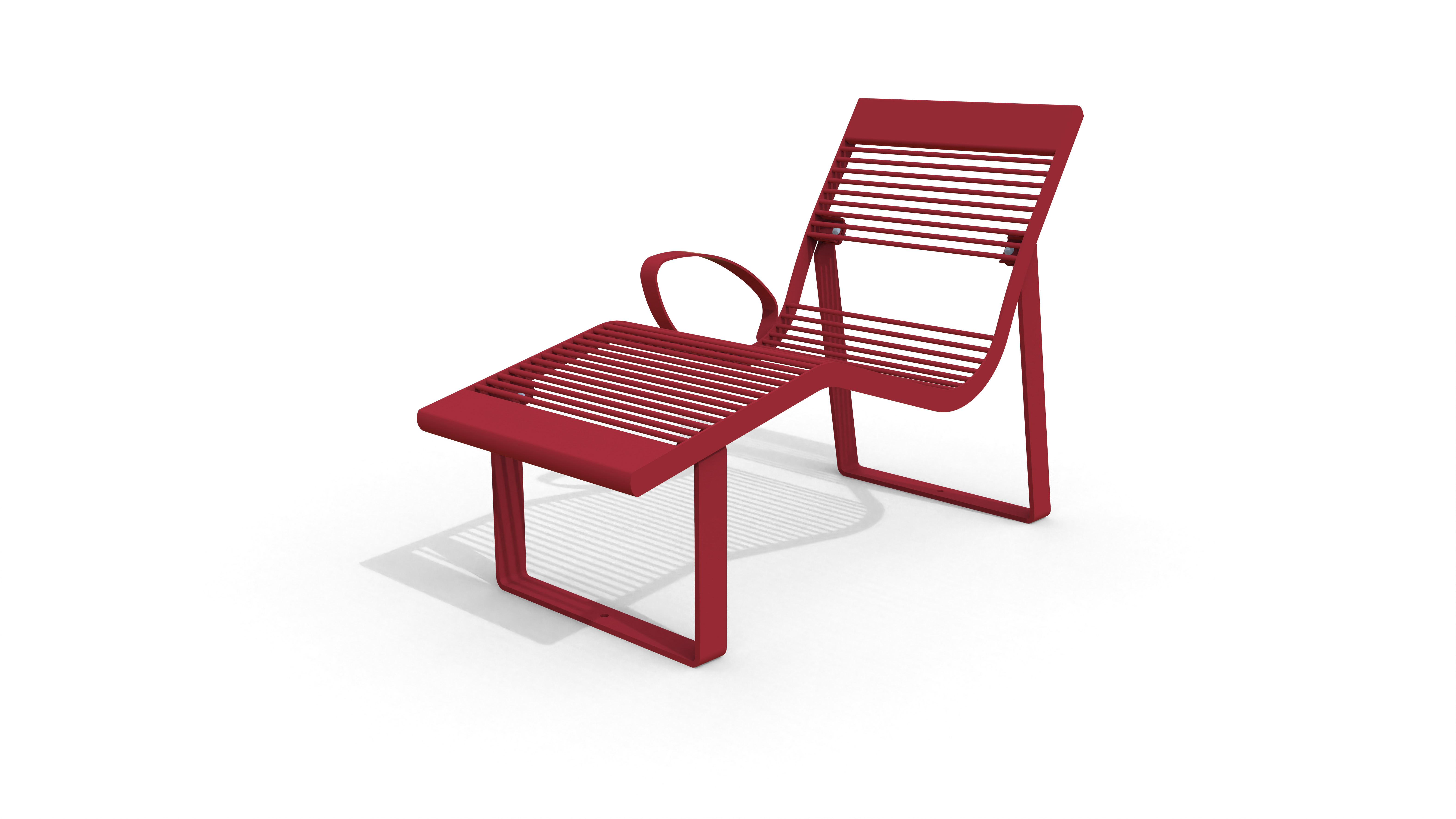 Roter Metallstuhl mit ergonomischem Design und Armlehnen, ideal für den Garten